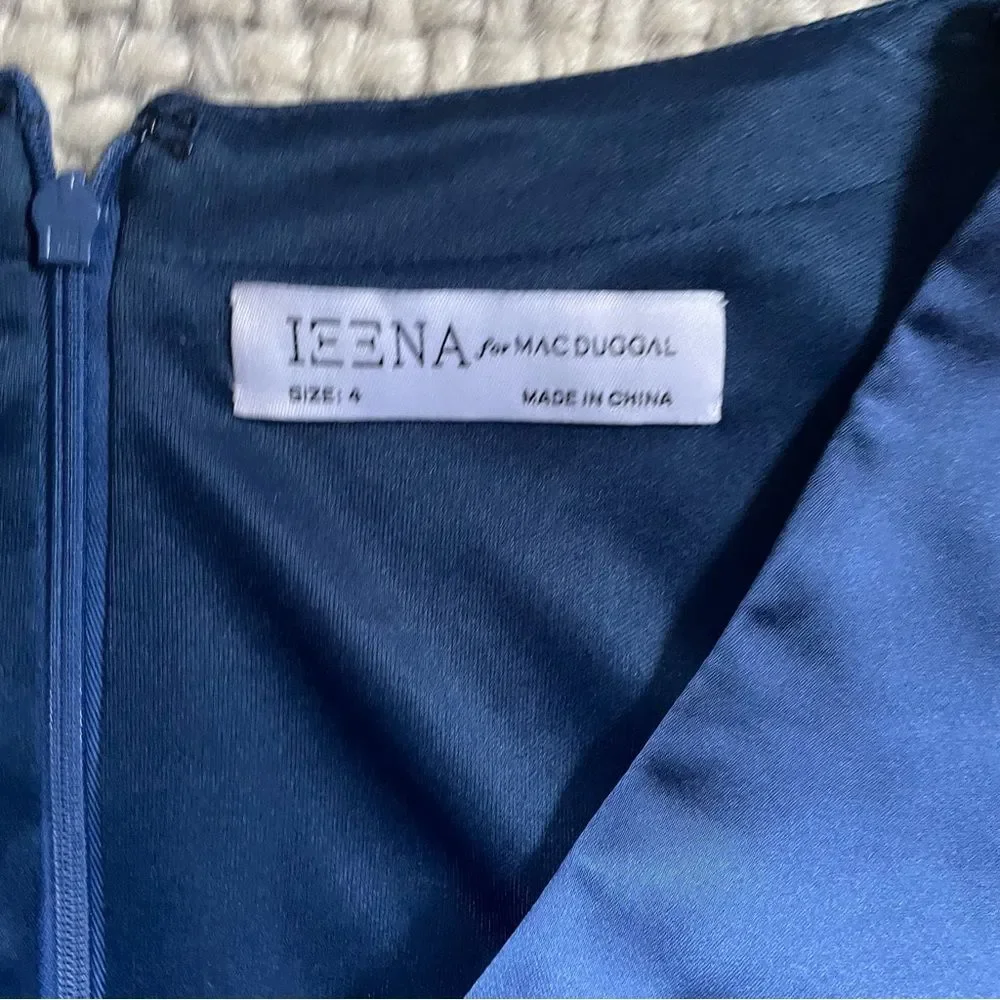 Mac Duggal Blue Satin V Neck Long Sleeve Pleated Gown 4 - Picture 3 of 5